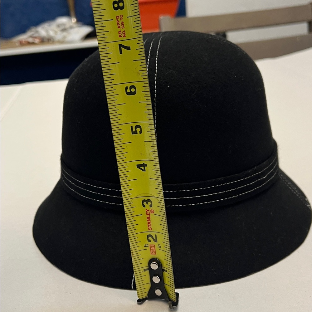 NORDSTROM BLACK WOOL WHITE STITCHING BOW FRONT CLOCHE WOMENS HAT - Picture 12 of 12